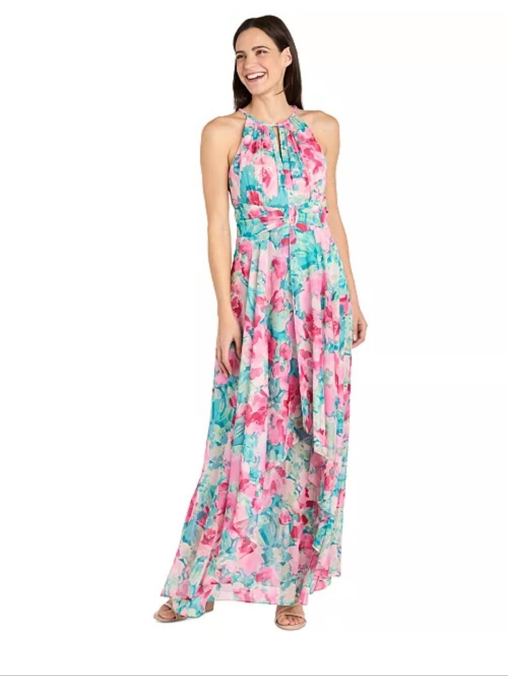 NWT R&M Richards Floral Chiffon Maxi Dress 14W Plus Pink Blue Wedding Guest $159